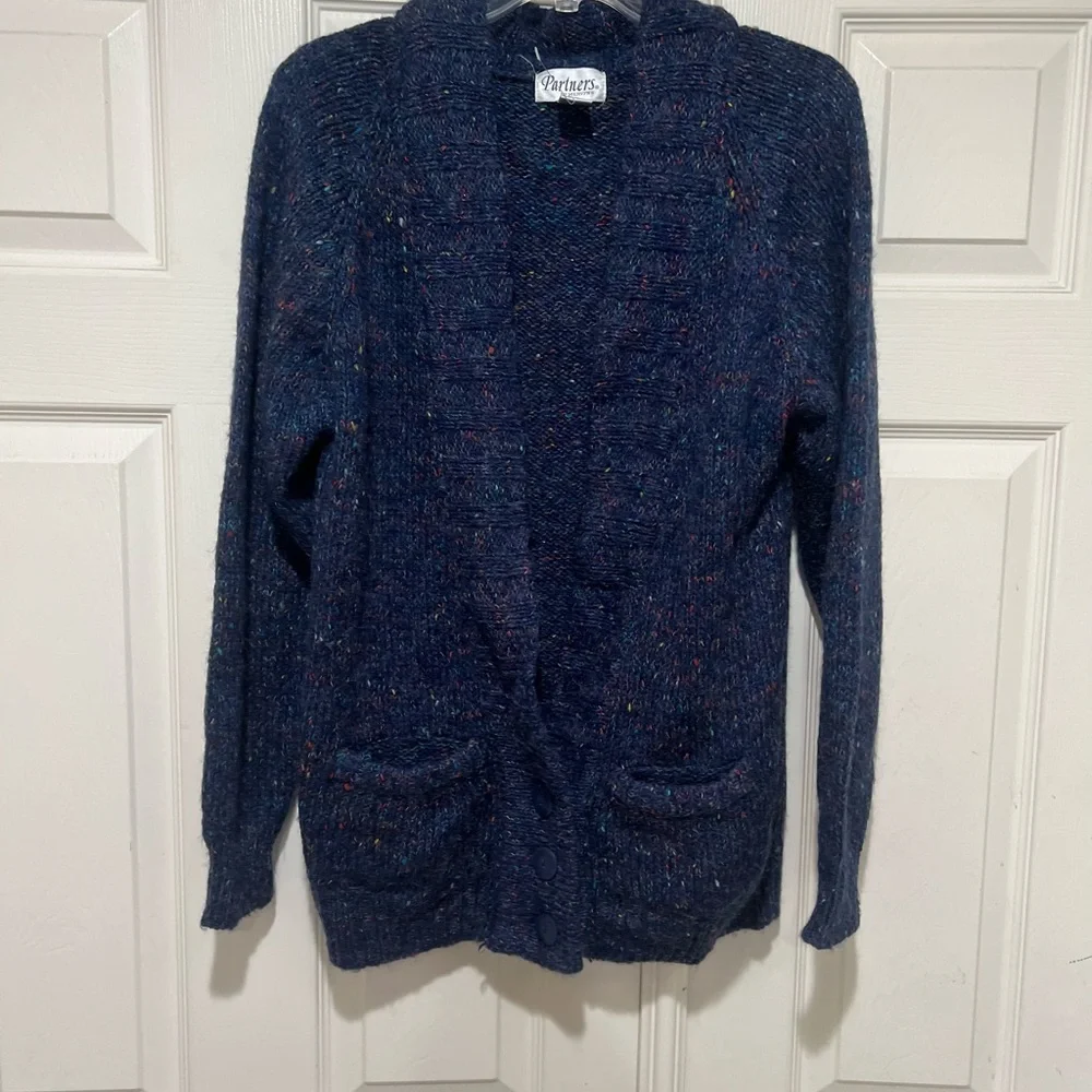 VNTG  Women's Small Blue Multi Color Knit Cardigan Sweater Scandi Grama‎ Preppy